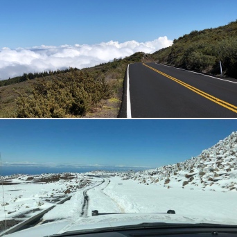The road to Mount Haleakala. The snow photo was taken by a ranger and I took the photo above it on a trip to the summit a few weeks ago.